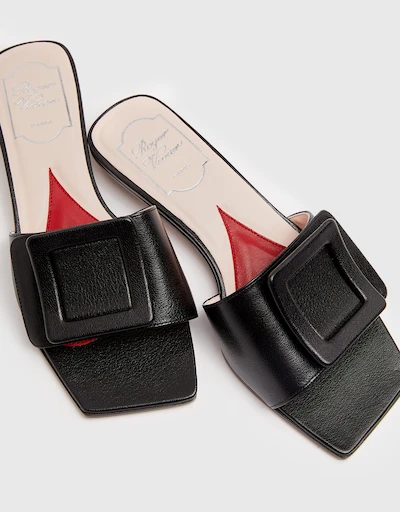 Covered Leather Buckle Mules