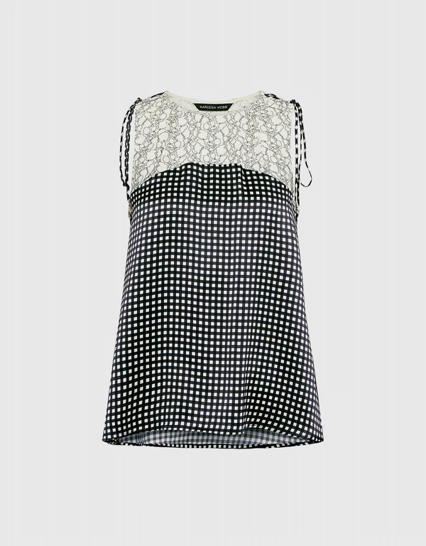 Marissa Webb Lace Shell Checkered Silk Blouse