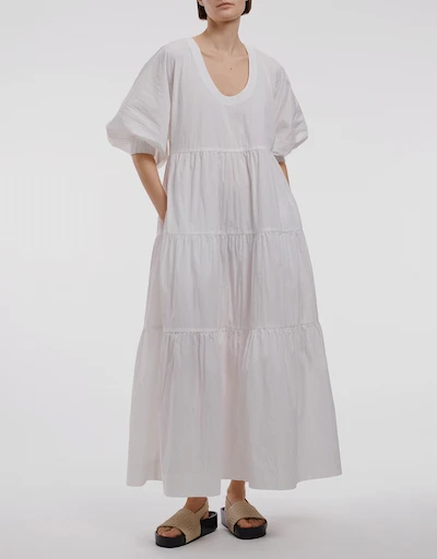 U-Neck Tiered Cotton Midi Dress