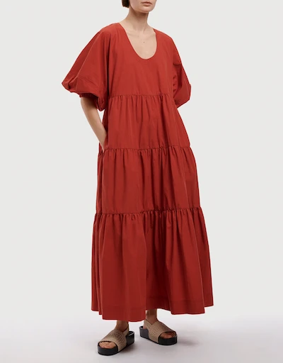 U-Neck Tiered Cotton Midi Dress
