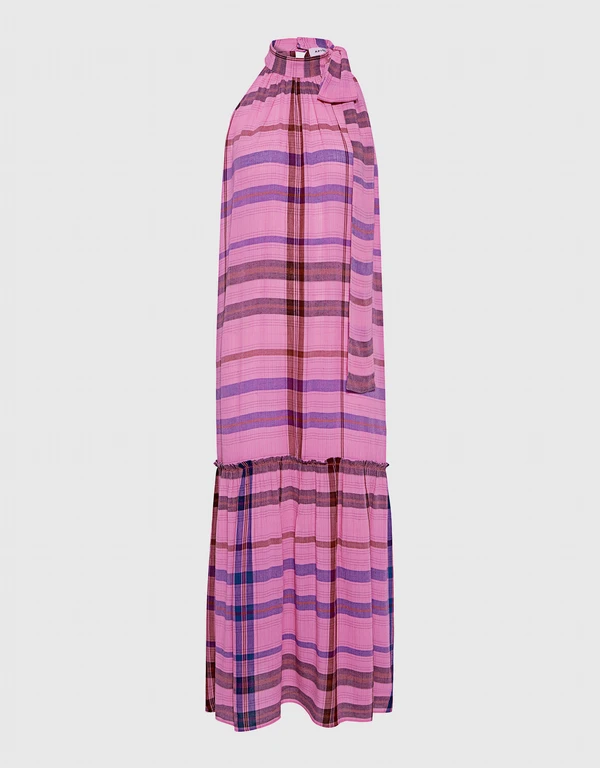 Apiece Apart Solazure Plaid Tie Neck Maxi Dress