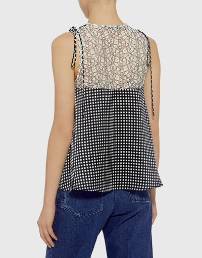 Lace Shell Checkered Silk Blouse