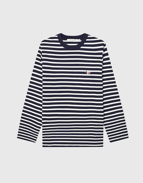 Maison Kitsuné Tricolor Fox Patch Unisex Classic Marin Striped Long Sleeved  T-shirt-Navy Stripes (Tops,Long Sleeved)