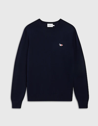 Tricolor Fox Patch Unisex Wool Classic R-Neck Sweater-Navy