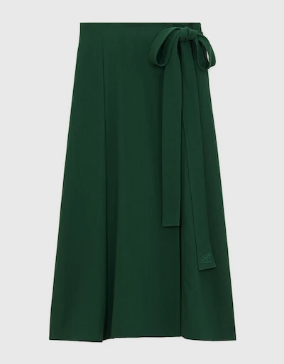 Virgin Wool Wrop Belted Midi Skirt-Dark Green