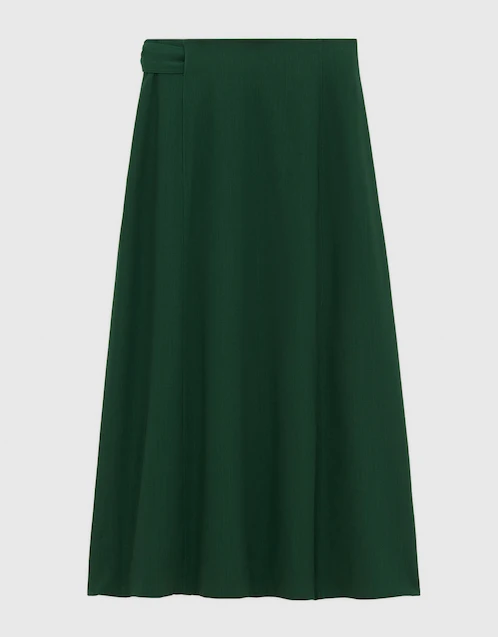 Virgin Wool Wrop Belted Midi Skirt-Dark Green