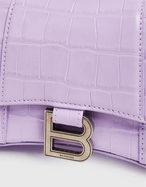 Balenciaga Shiny Calfskin Crocodile Embossed Small Hourglass Top Handle Bag Baby Pink