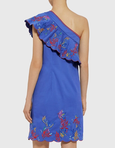 Esme Ruffle One-Shoulder Embroidered Mini Dress