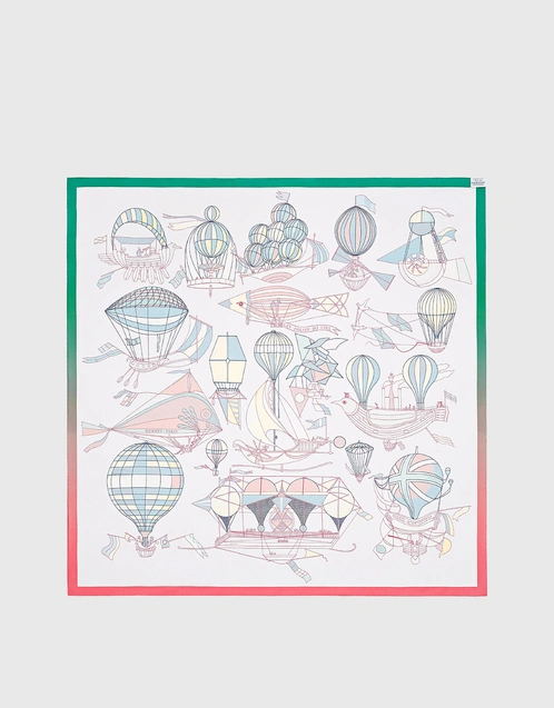 愛馬仕 Les Folies du Ciel 熱氣球 90 真絲雙面用絲巾-淡粉/綠/紅