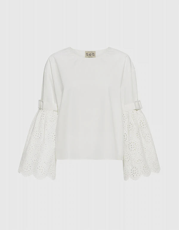 Sea Eyelet Embroidery Belted Bell Sleeve Top