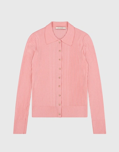 Polo Ribbed Wool Long Sleeve Knitted Top-Pink Icing
