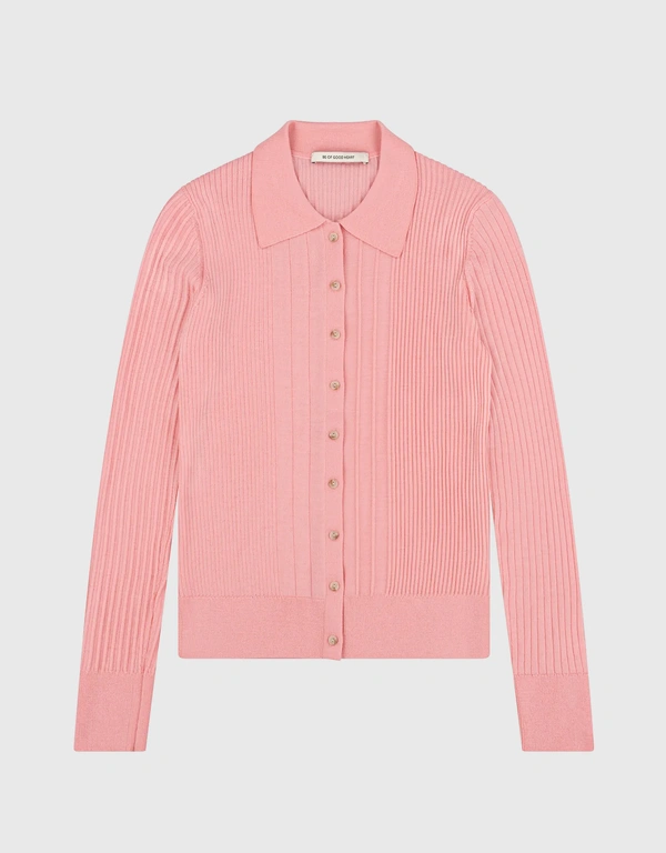 Polo Ribbed Wool Long Sleeve Knitted Top-Pink Icing