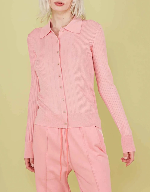 Polo 羅紋羊毛長袖針織上衣-Pink Icing