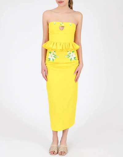 Arina Linen Ruffled Floral Embroidery Skirt Set-Bright Yellow