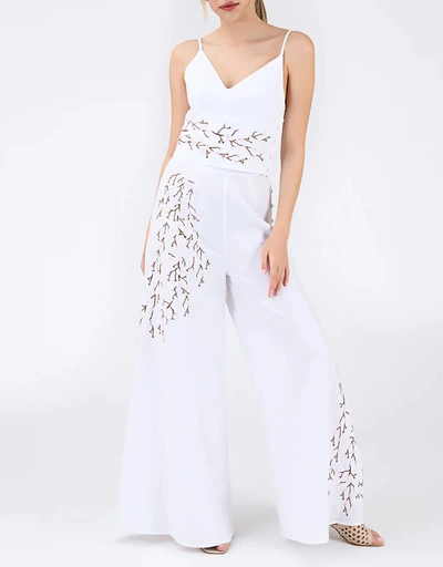 Cali Linen Embroidery Pants Set-White