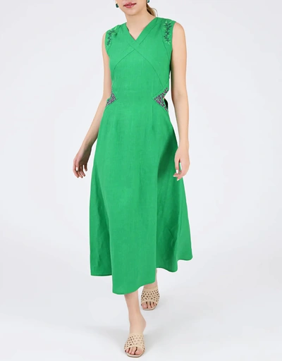 Cara Linen Cut-out Embroidery Maxi Dress-Kelly Green