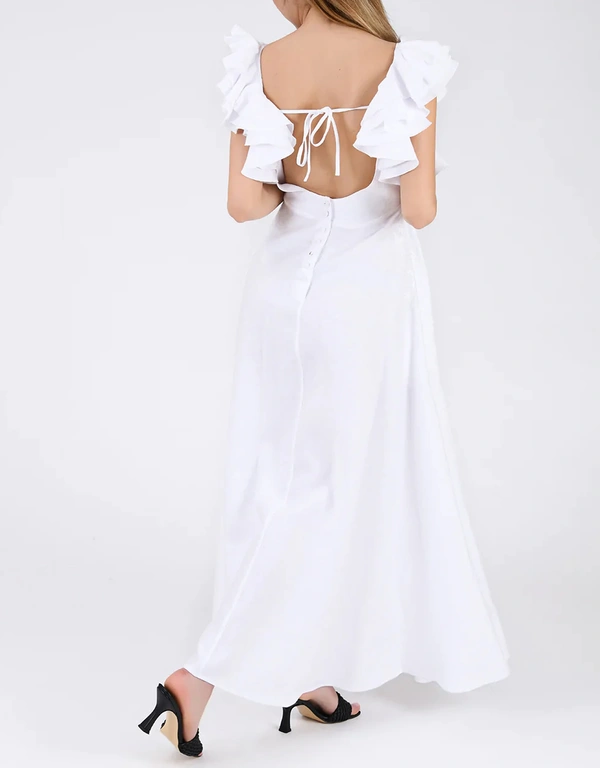 Fanm Mon Essen Ruffled Shoulder Maxi Dress-White