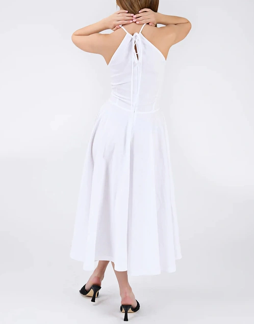 Fuse 亞麻繞頸式花卉刺繡中長洋裝-White