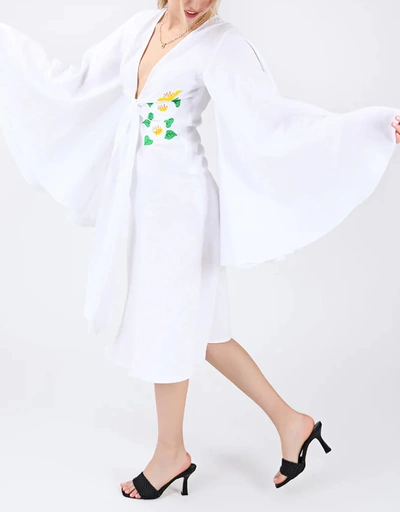Ibole 亞麻鐘型袖花卉刺繡V領中長洋裝-White