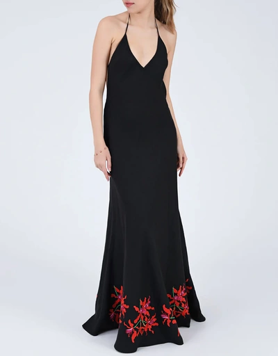 Koreli Linen V-neck Helter Floral Embroidery Maxi Dress-Black