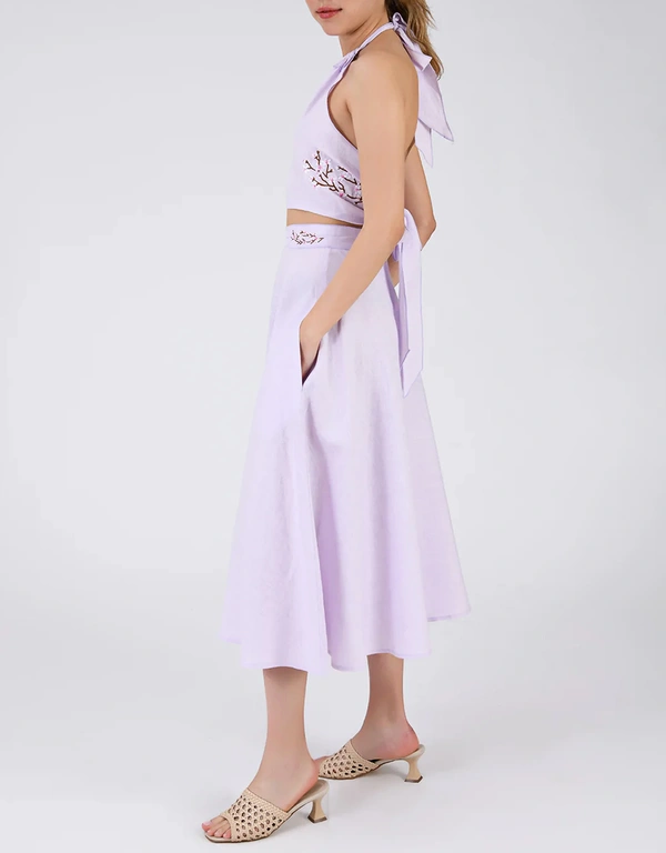 Mambo Linen Halterneck Floral Embroidery Skirt Set-Lilac