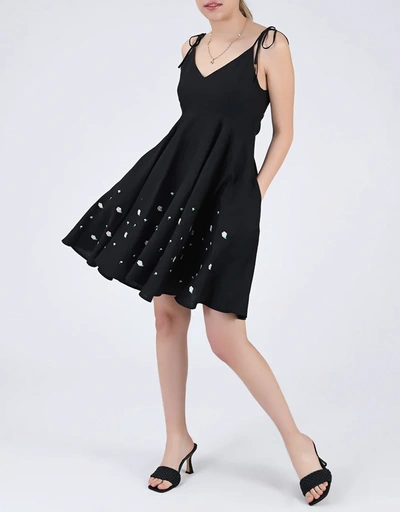 Mella Linen Tie Shoulder Floral Embroidery Knee Length Dress-Black