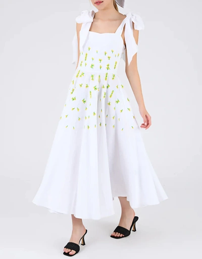 Mimose 亞麻繫帶肩部花卉刺繡長洋裝-White