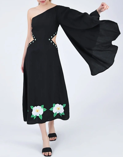 Narma Linen One-shoulder Cut-out Floral Embroidery Midi Dress-Black