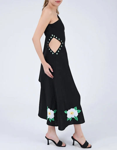Narma Linen One-shoulder Cut-out Floral Embroidery Midi Dress-Black