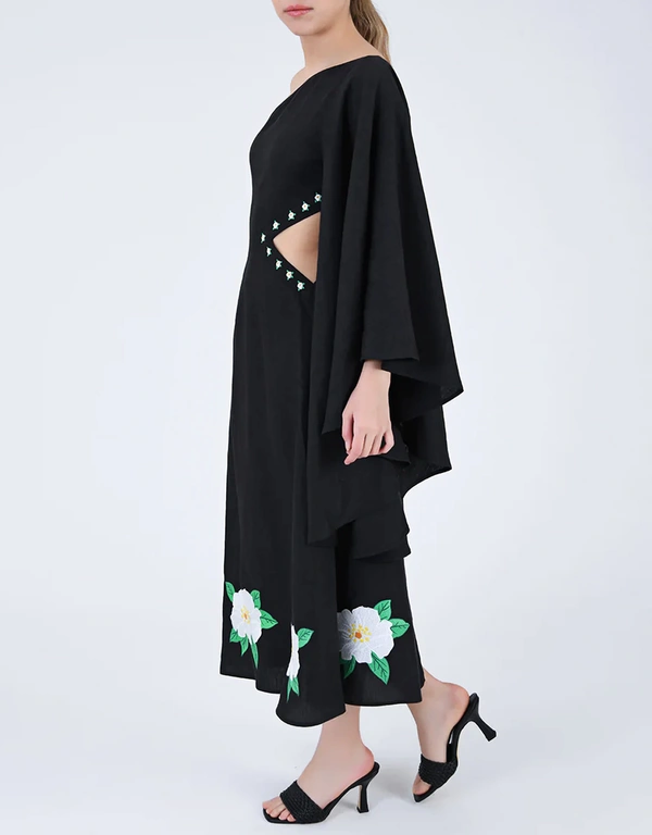 Fanm Mon Narma Linen One-shoulder Cut-out Floral Embroidery Midi Dress-Black