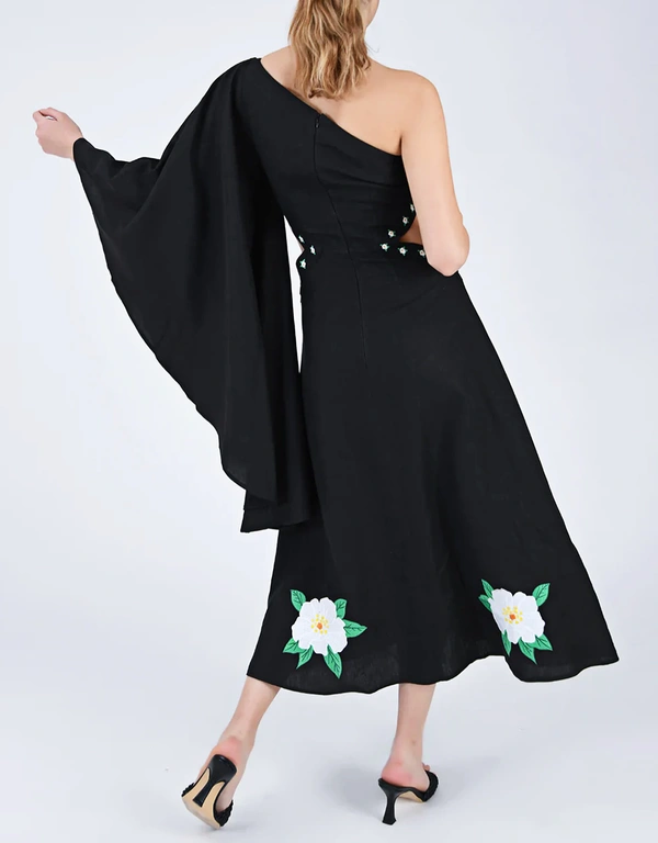 Fanm Mon Narma Linen One-shoulder Cut-out Floral Embroidery Midi Dress-Black