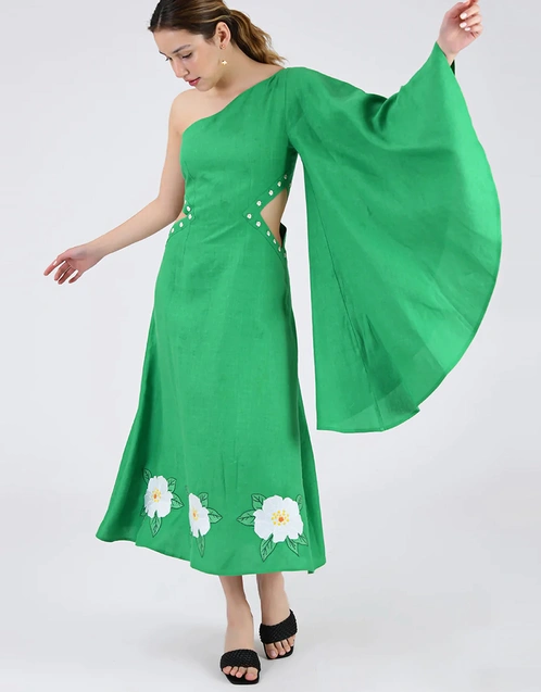 Narma Linen One-shoulder Cut-out Floral Embroidery Midi Dress-Kelly Green