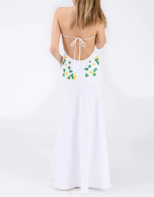 Saff 亞麻繞頸式花卉刺繡長洋裝-White