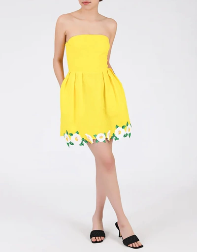 Sina Linen Floral Embroidery Mini Dress-Bright Yellow
