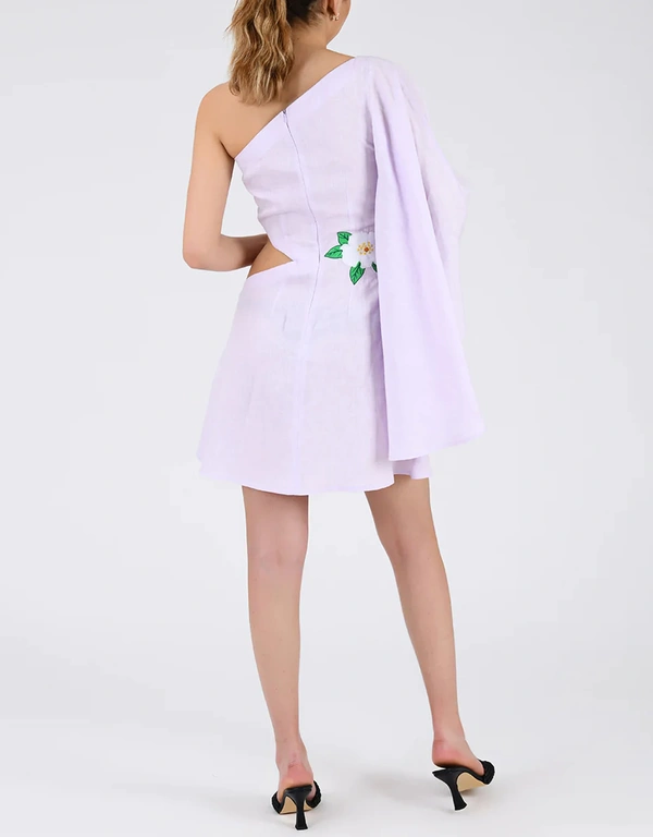 Fanm Mon Volt Linen One-shoulder Cut-out Floral Embroidery Mini Dress-Lilac