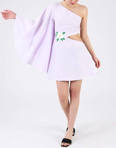 Volt Linen One-shoulder Cut-out Floral Embroidery Mini Dress-Lilac