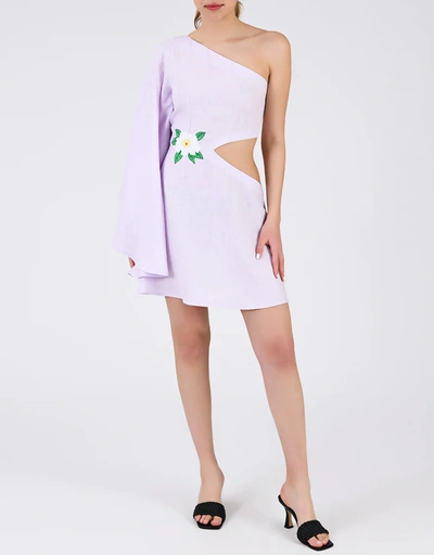 Volt Linen One-shoulder Cut-out Floral Embroidery Mini Dress-Lilac