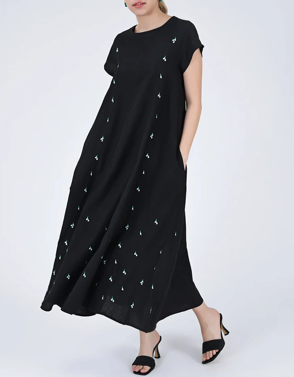 Fanm Mon Zambak Linen Tie Front Floral Embroidery Maxi Dress-Black