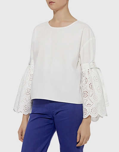 Eyelet Embroidery Belted Bell Sleeve Top