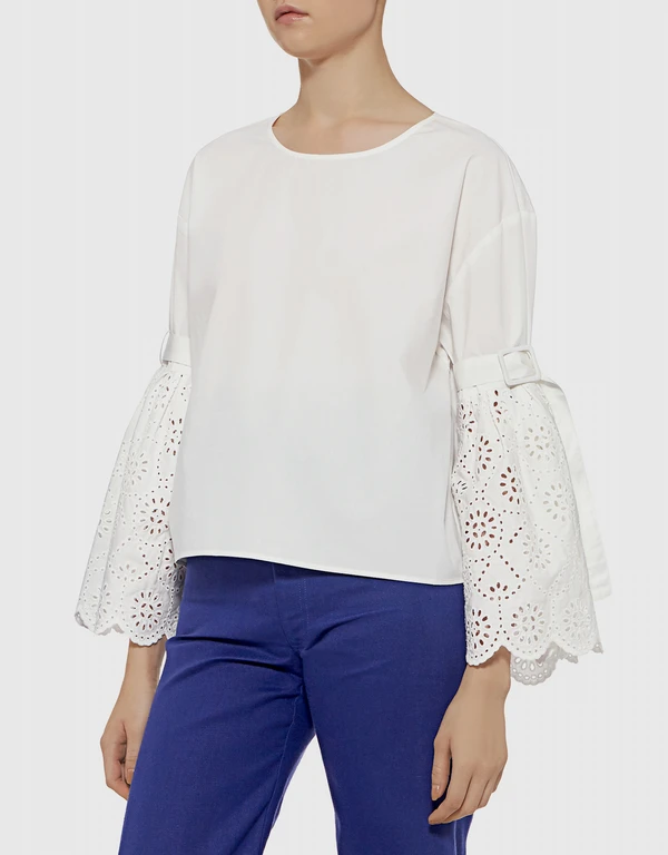 Sea Eyelet Embroidery Belted Bell Sleeve Top