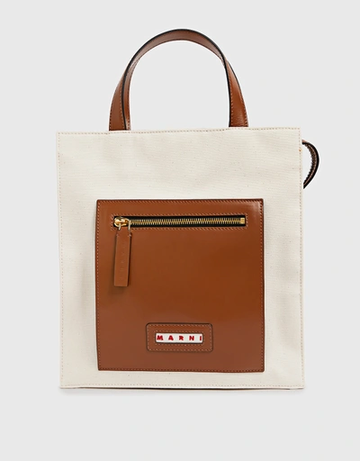 Marni  Canvas And Leather Tote Bag - Beige And Brown