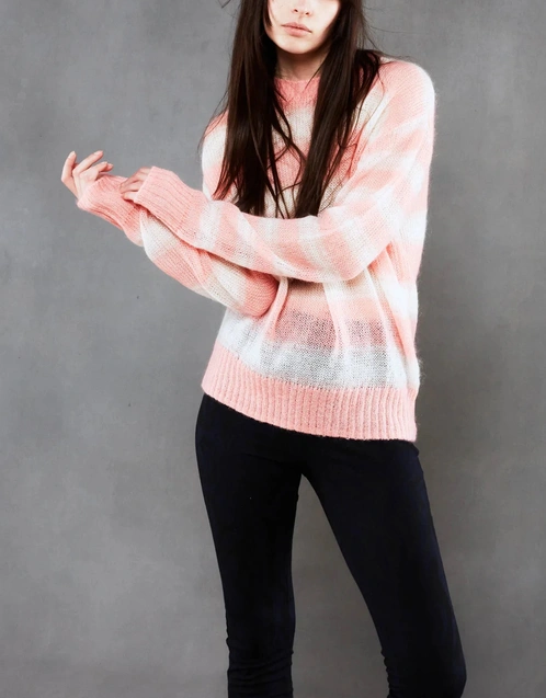Striped Mohair Blend Boxy Knit Sweater-Pink/Ecru