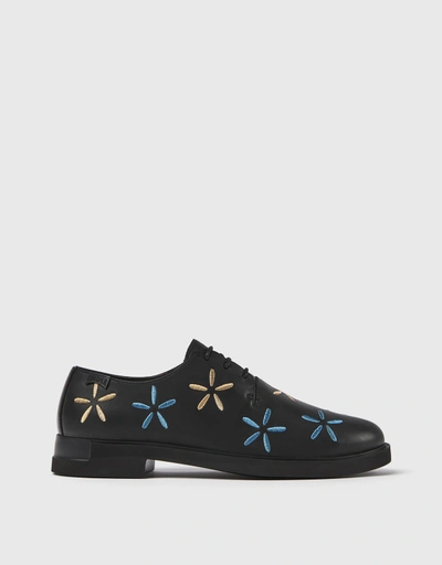 Twins Calfskin Embroidered Flowers Lace-up Flats