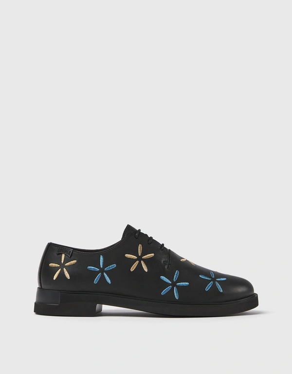 Camper Twins Calfskin Embroidered Flowers Lace-up Flats