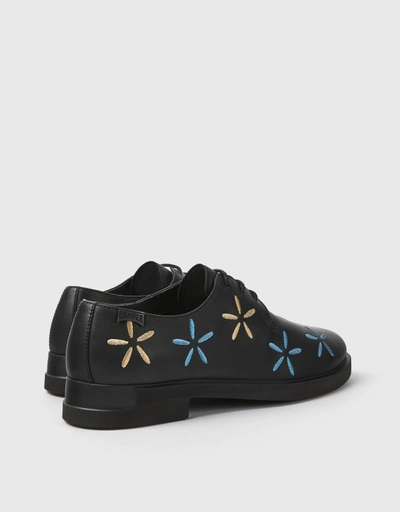 Twins Calfskin Embroidered Flowers Lace-up Flats