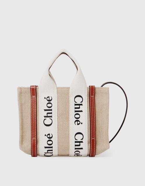 Chloé Woody Mini Linen Canvas Calfskin Tote Bag (Mini Bags