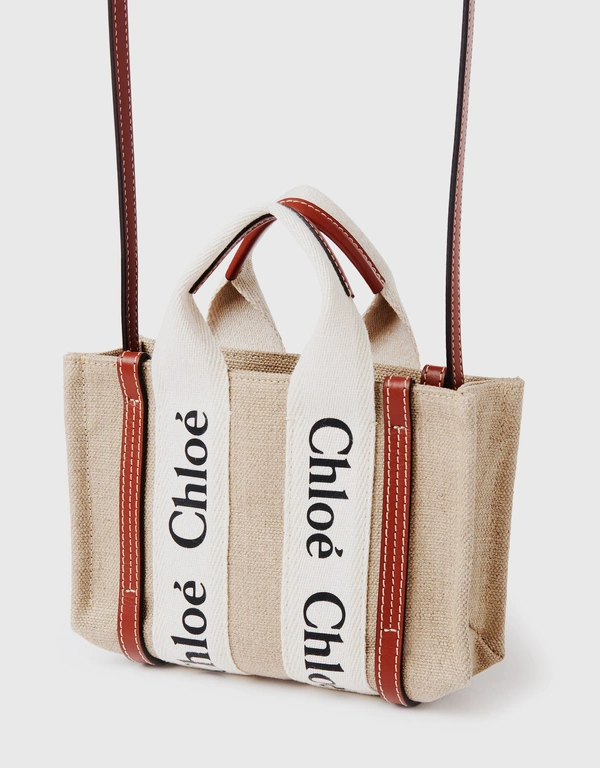 Chloé Woody Mini Linen Canvas Calfskin Tote Bag
