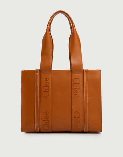 Woody Medium Smooth Calfskin Leather Tote Bag
