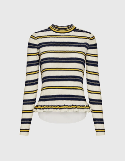 Stripe Crewneck Ruffled Sweater