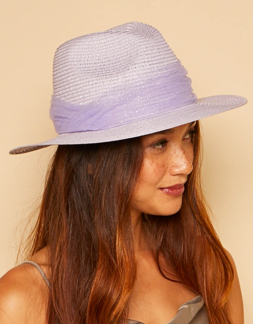 Courtney Sparkle Tulle Ruched Band Straw Sunhat-Lavender